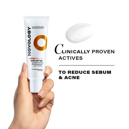 Novology SPF 50 PA++++ Ultra Light Gel Sunscreen, Reduces Acne & Sebum, Non Greasy, Invisible Finish