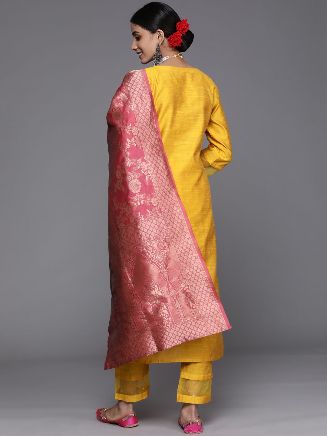 Indyancart VA Women's Mustard Yellow & Pink Yoke Design Kurta with Trousers & Dupatta