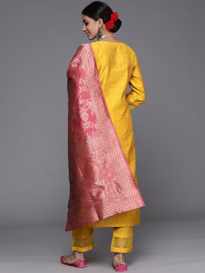 Indyancart VA Women's Mustard Yellow & Pink Yoke Design Kurta with Trousers & Dupatta