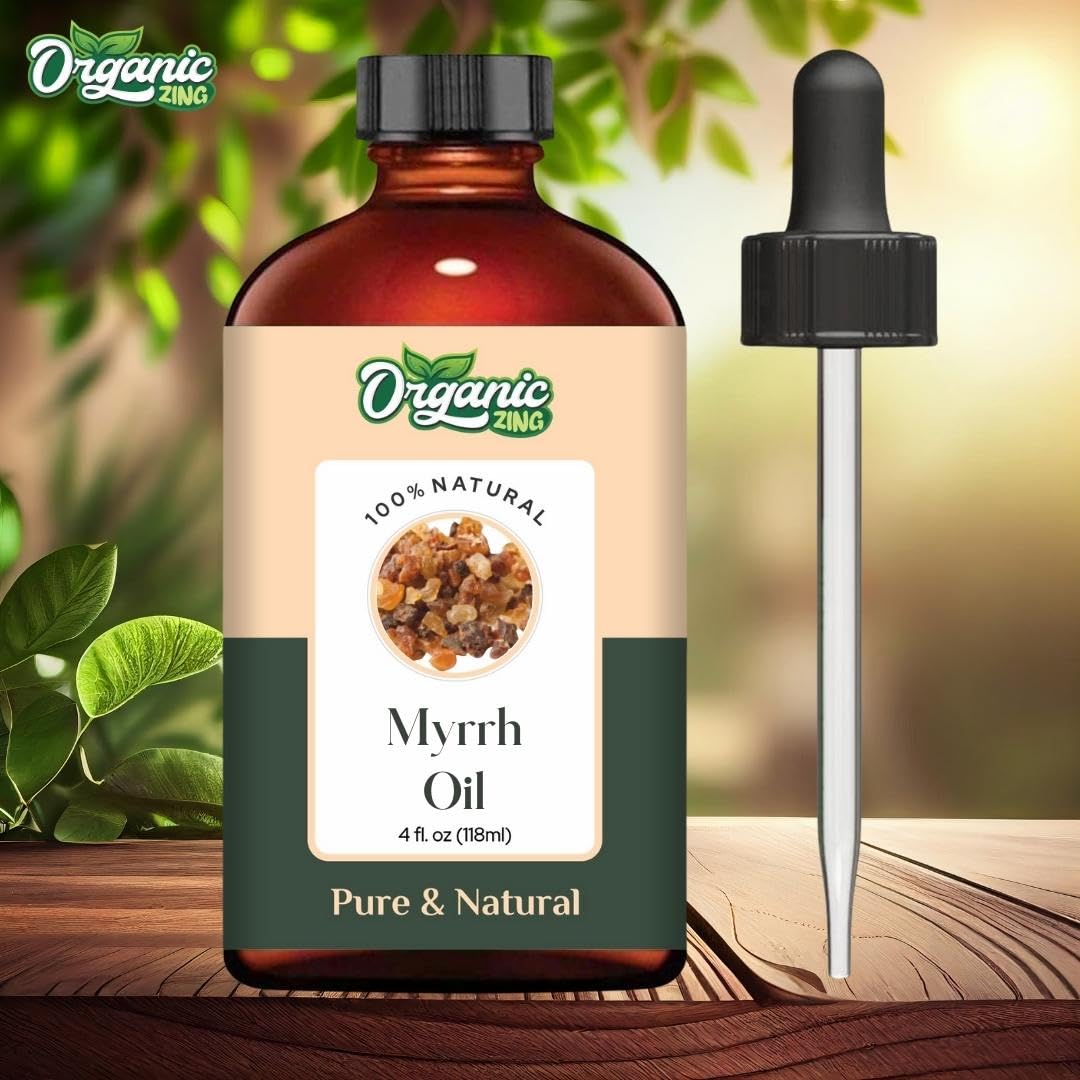 Organic Zing Myrrh oil in a glass bottle, natural essential oil for aroma, skincare, diffuser, and massage uses.