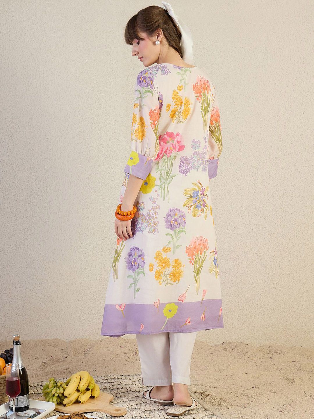 Indyancart IE Printed Pure Cotton Round Neck Top With Trousers Co-Ords