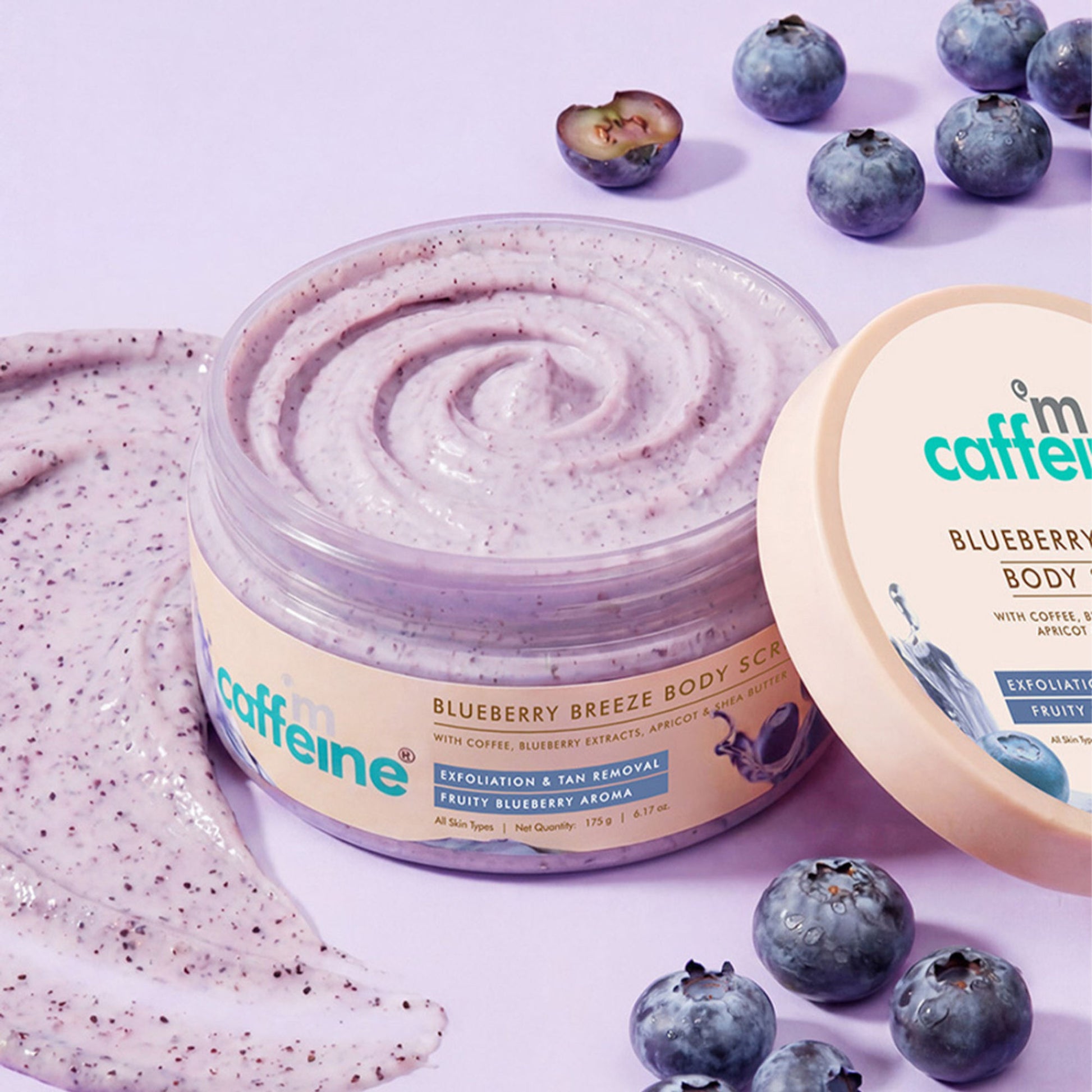 MCaffeine Blueberry Breeze Body Scrub For Glowing Skin, Exfoliates & Removes Tan