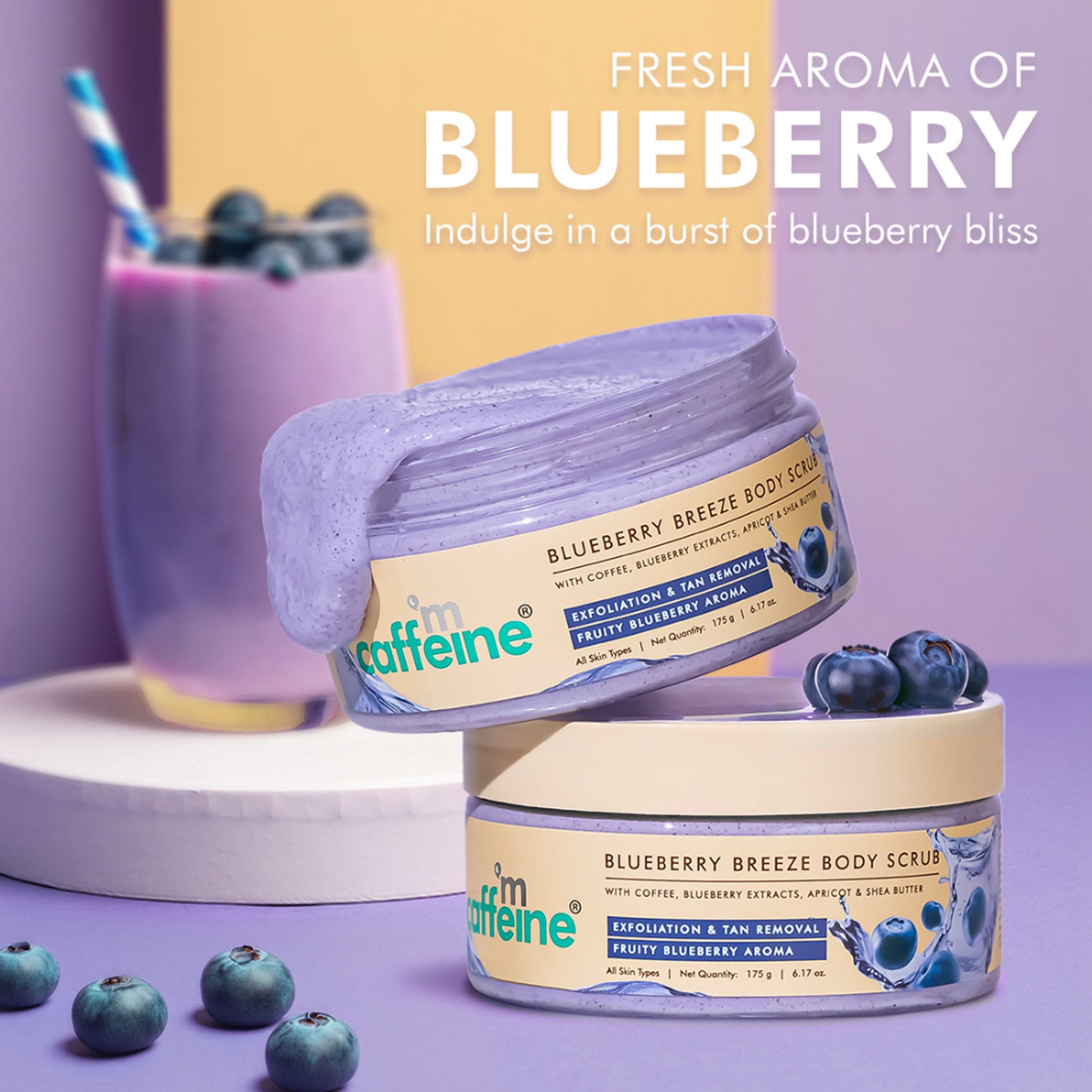 MCaffeine Blueberry Breeze Body Scrub For Glowing Skin, Exfoliates & Removes Tan