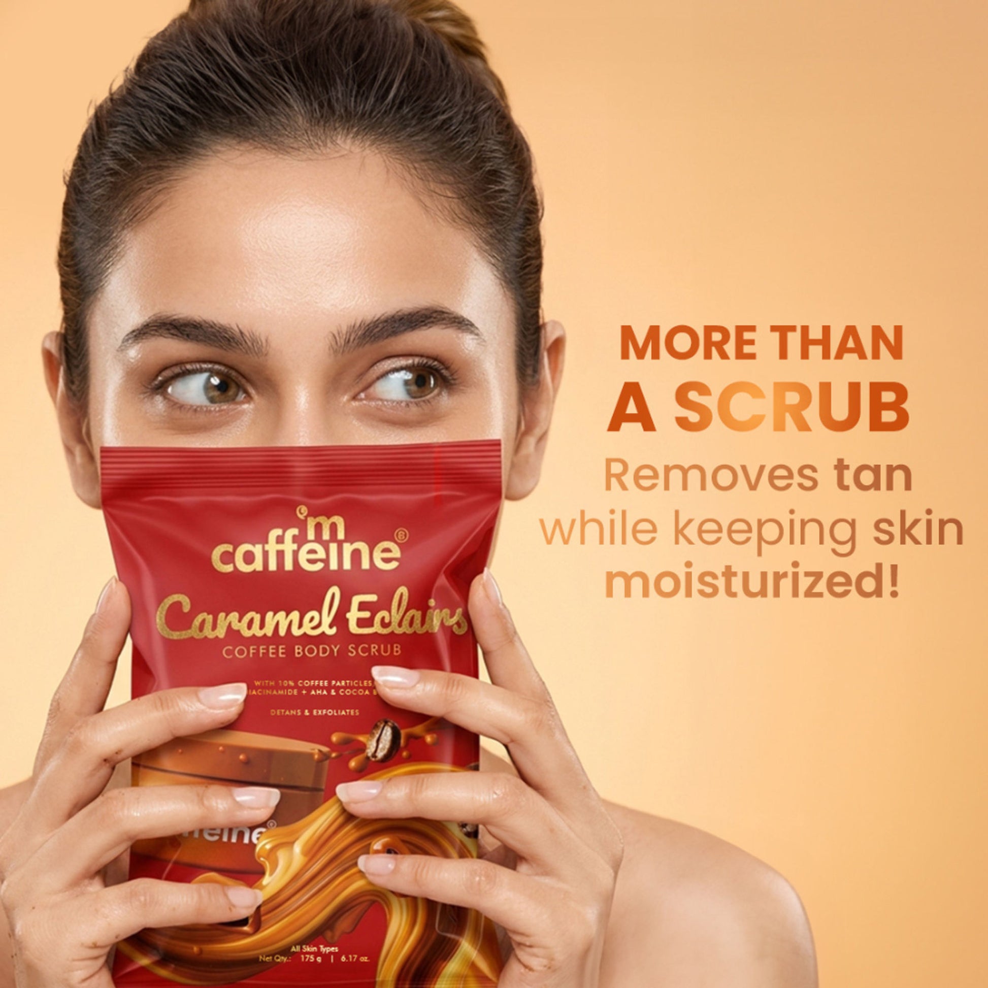 MCaffeine Caramel Eclairs Coffee Body Scrub, Smooth Skin & Reduces Tan, 10% Coffee Grounds & AHA