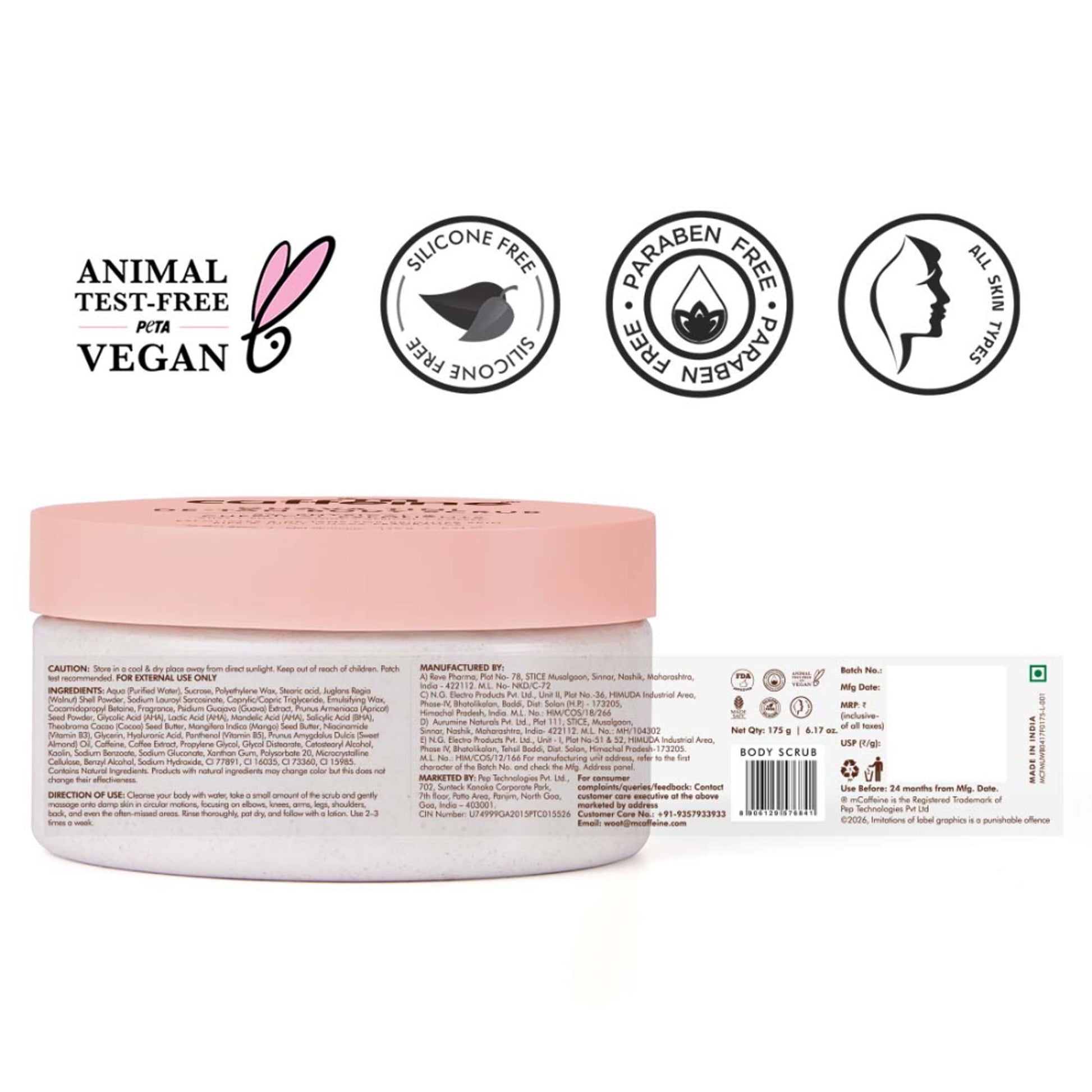 MCaffeine Guava De-Tan Body Scrub, 5% Natural & Chemical Exfoliants, Reduces Tan & Brightens Skin