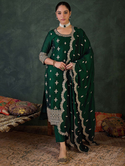 Indyancart IE Ethnic Motifs Embroidered Round Neck Kurta With Trousers & Dupatta