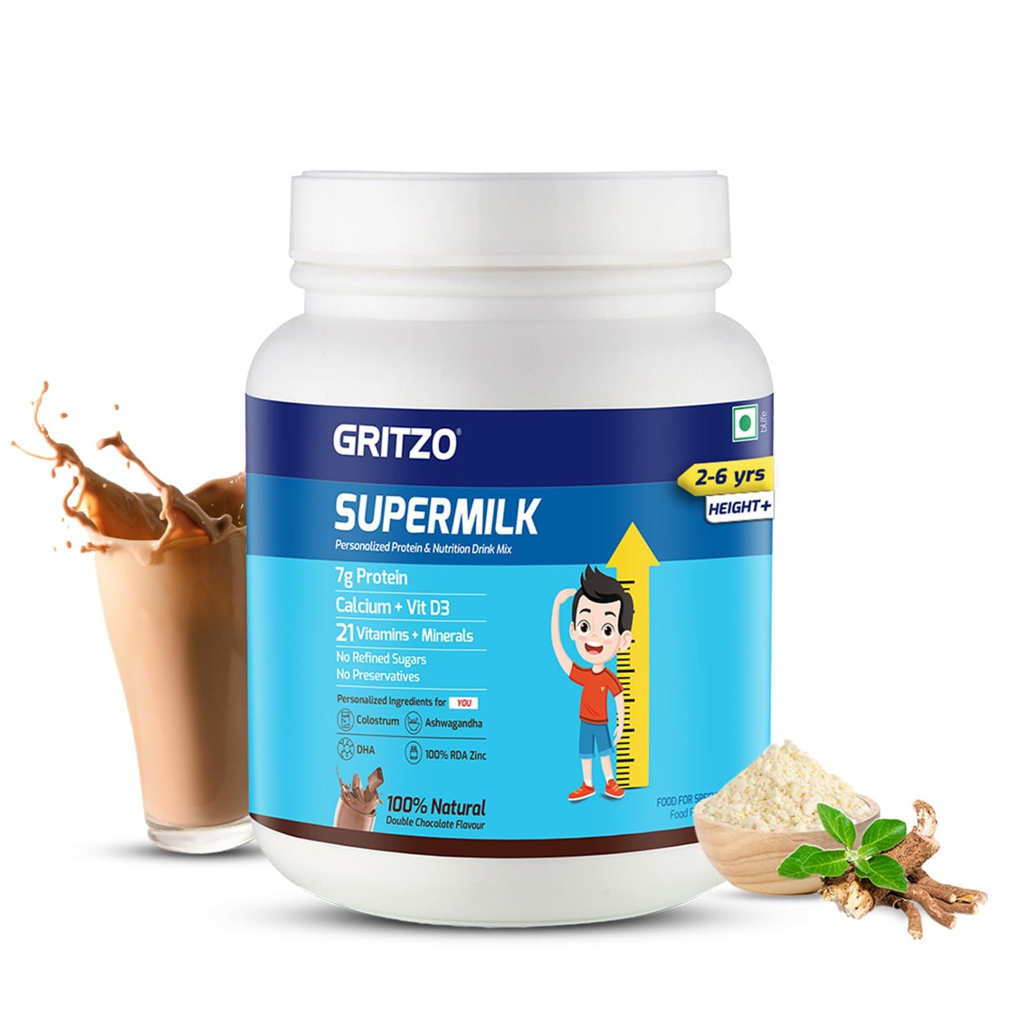 Gritzo Supermilk Height+ For 2-6Y Boys/Girls - Double Chocolate Flavor - Indyancart
