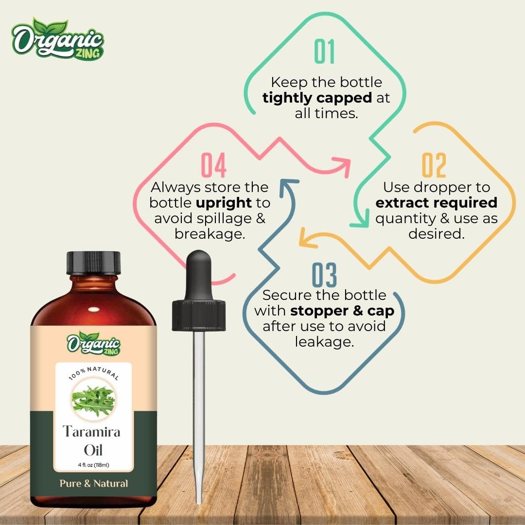 Organic Zing Zing Taramira oil in a glass bottle, natural steam-distilled essential oil for massage, skincare, and haircare.