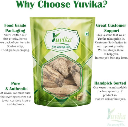 Yuvika Behman Safed Ayurvedic product with white Centaurea Behen Linn flowers, natural herbal remedy packaging.