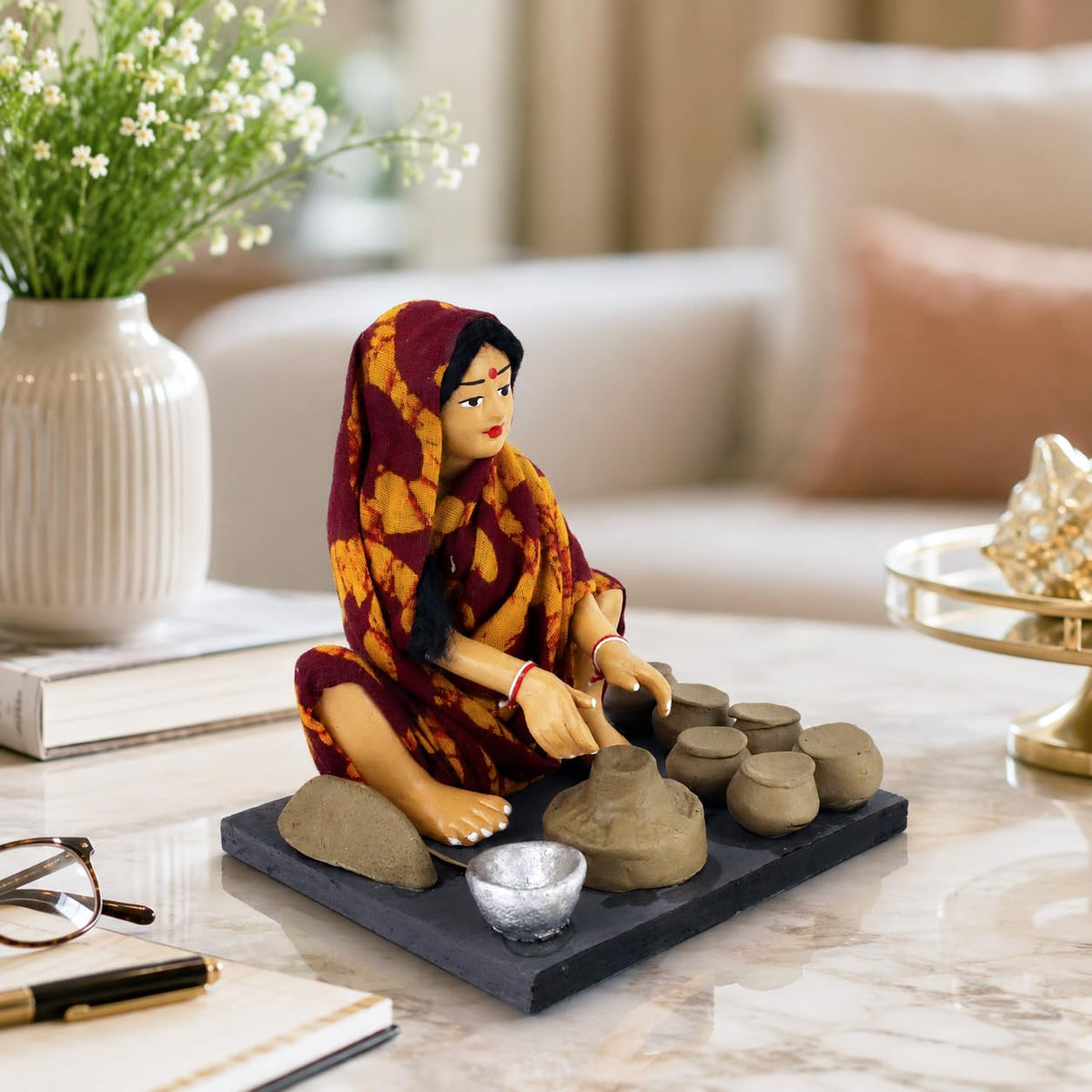 Niharika Collections Krishnanagar Handmade Terracotta Clay Woman Potter Miniature Idol | Basic Sitting Figure | Home Decor, Golu Display and Gifting
