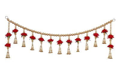 Red Velvet Rose with Pearls Toran for Main Door Entrance, Bandarwal for Festival, Pooja Mandir & Wedding, Handmade Traditional Flower Hanging for Home & Office Decor