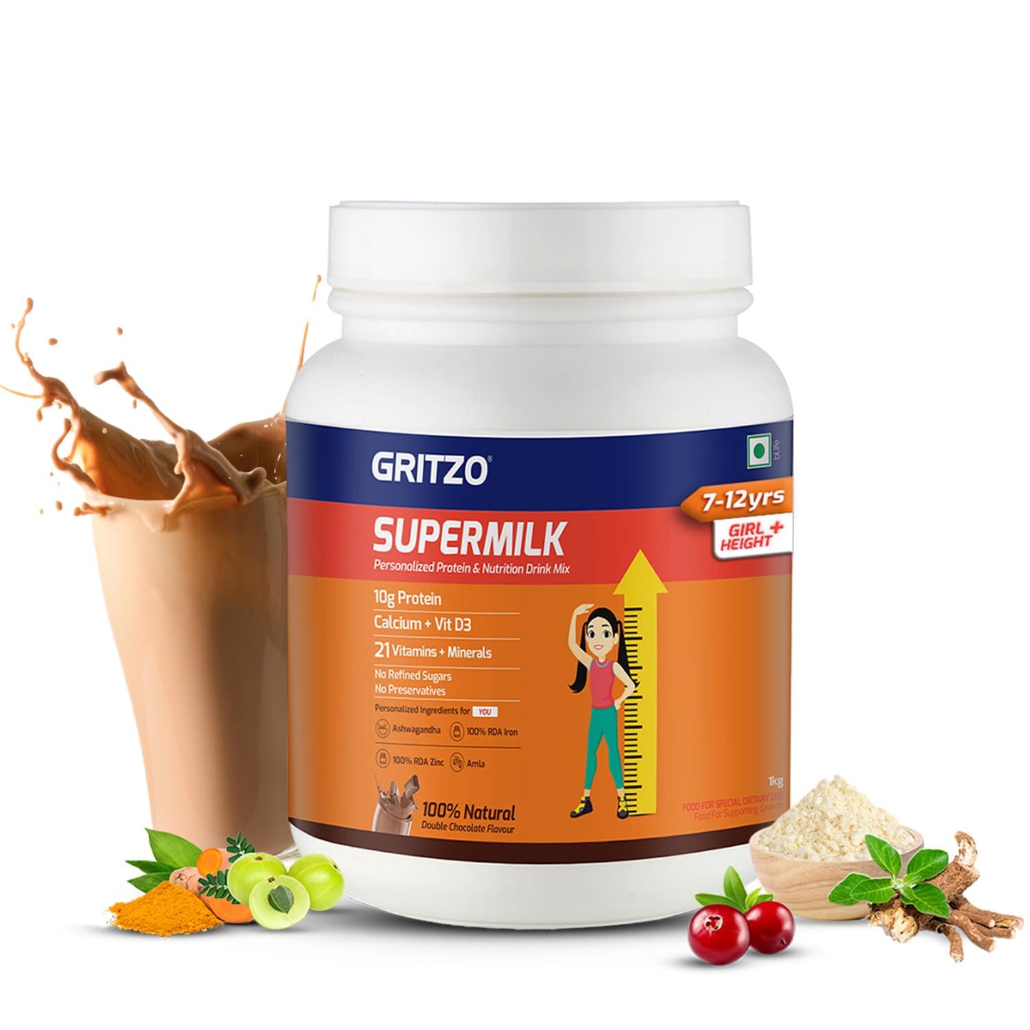 Gritzo SuperMilk Height+ Health Drink for 7-12y Girls - Double Chocolate Flavor - Indyancart