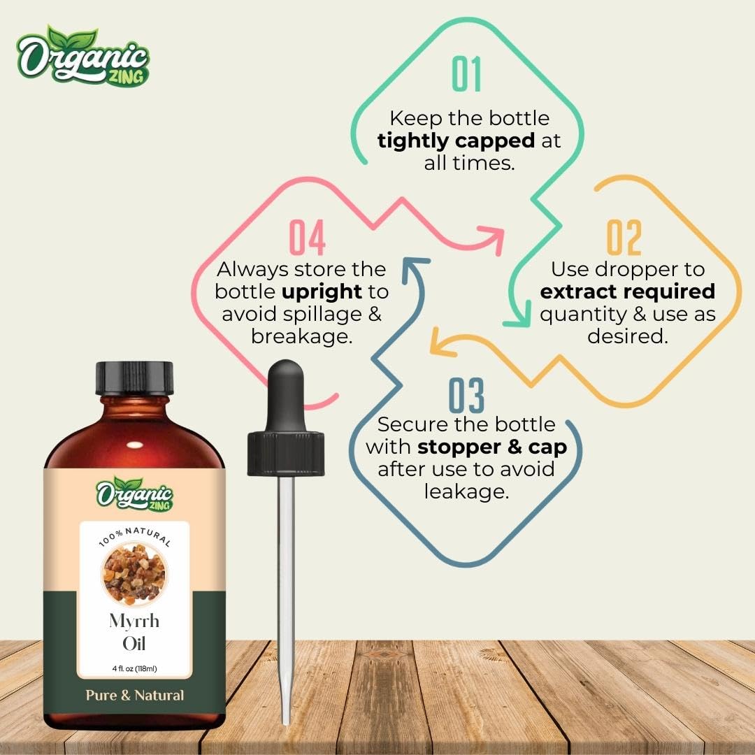 Organic Zing Myrrh Oil in a glass bottle, natural essential oil for aroma, skincare, diffuser, and massage purposes.