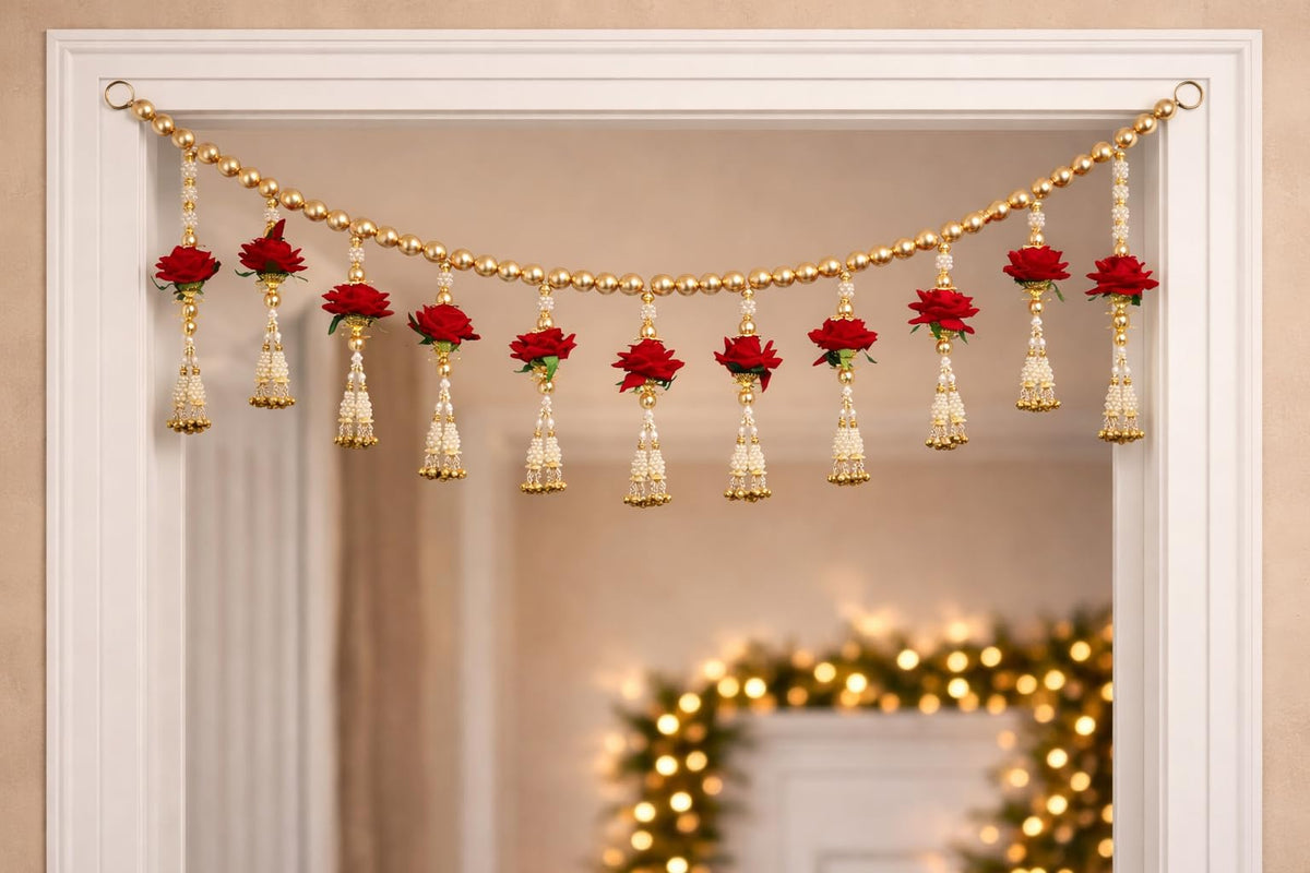 Red Velvet Rose with Pearls Toran for Main Door Entrance, Bandarwal for Festival, Pooja Mandir & Wedding, Handmade Traditional Flower Hanging for Home & Office Decor