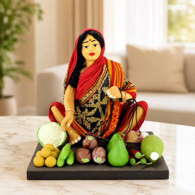 Niharika Collections Krishnanagar Handmade Terracotta Clay Woman Vegetable Seller Miniature Idol | Basic Sitting Human Figurine | Home Decor, Golu Display and Gifting