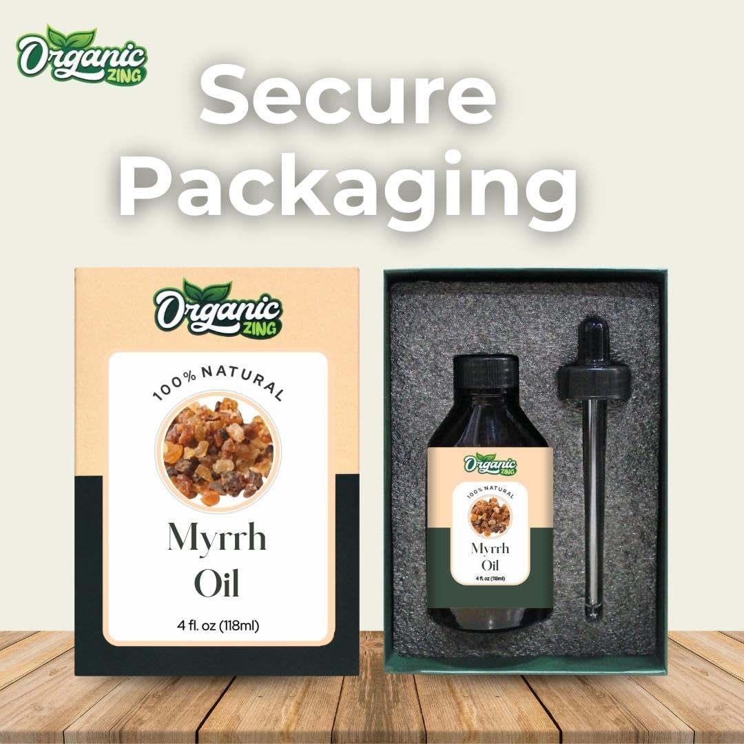 Organic Zing Myrrh oil bottle for aroma, skincare, and massage, featuring pure, natural essential oil in a clear glass container.