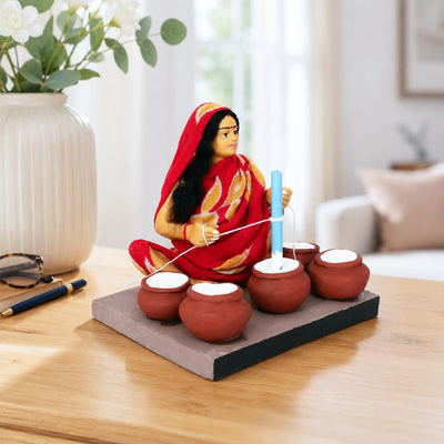 Niharika Collections Krishnanagar Handmade Terracotta Clay | Basic- Sitting Figure Miniature Idol - Butter-Churning Woman | Home Decor, Golu Display and Gifting