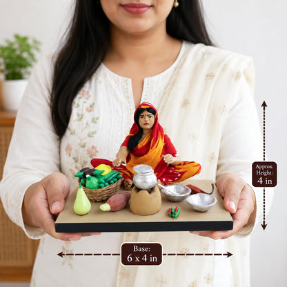 Niharika Collections Krishnanagar Handmade Terracotta Clay Idol, Mother Cooking Figurine, Sitting Human Figure Miniature, Traditional Indian Art Home Décor, Golu Display & Gifting, 15 x 10 x 10 cm