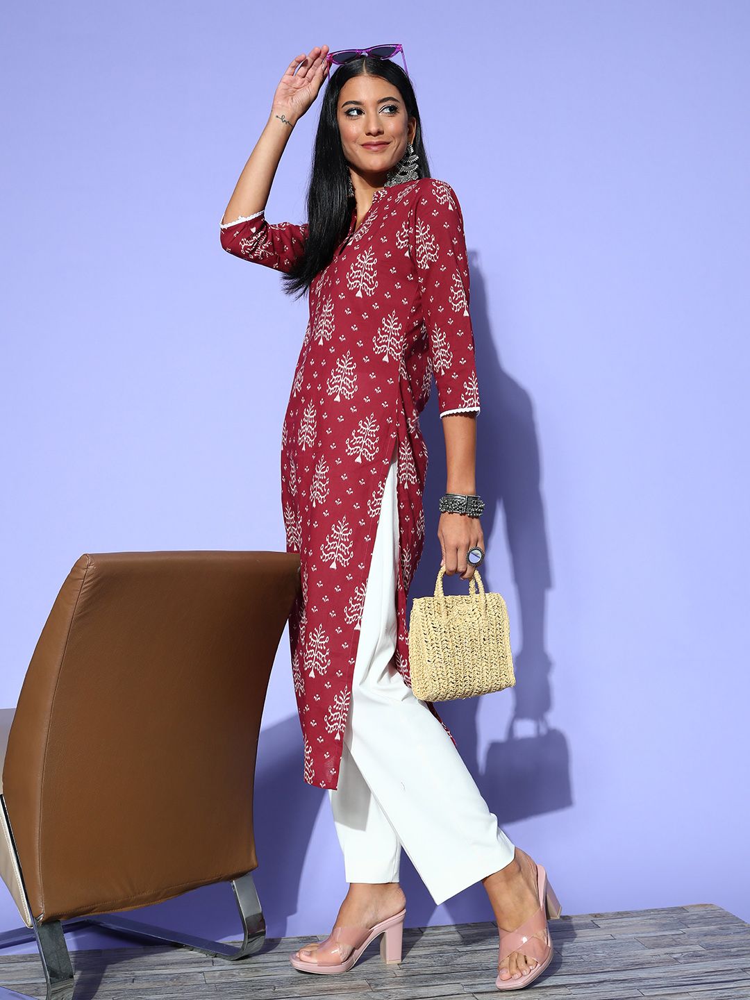 Dhiyona IE Women Maroon & White Pure Cotton Ethnic Motifs Printed Kurta