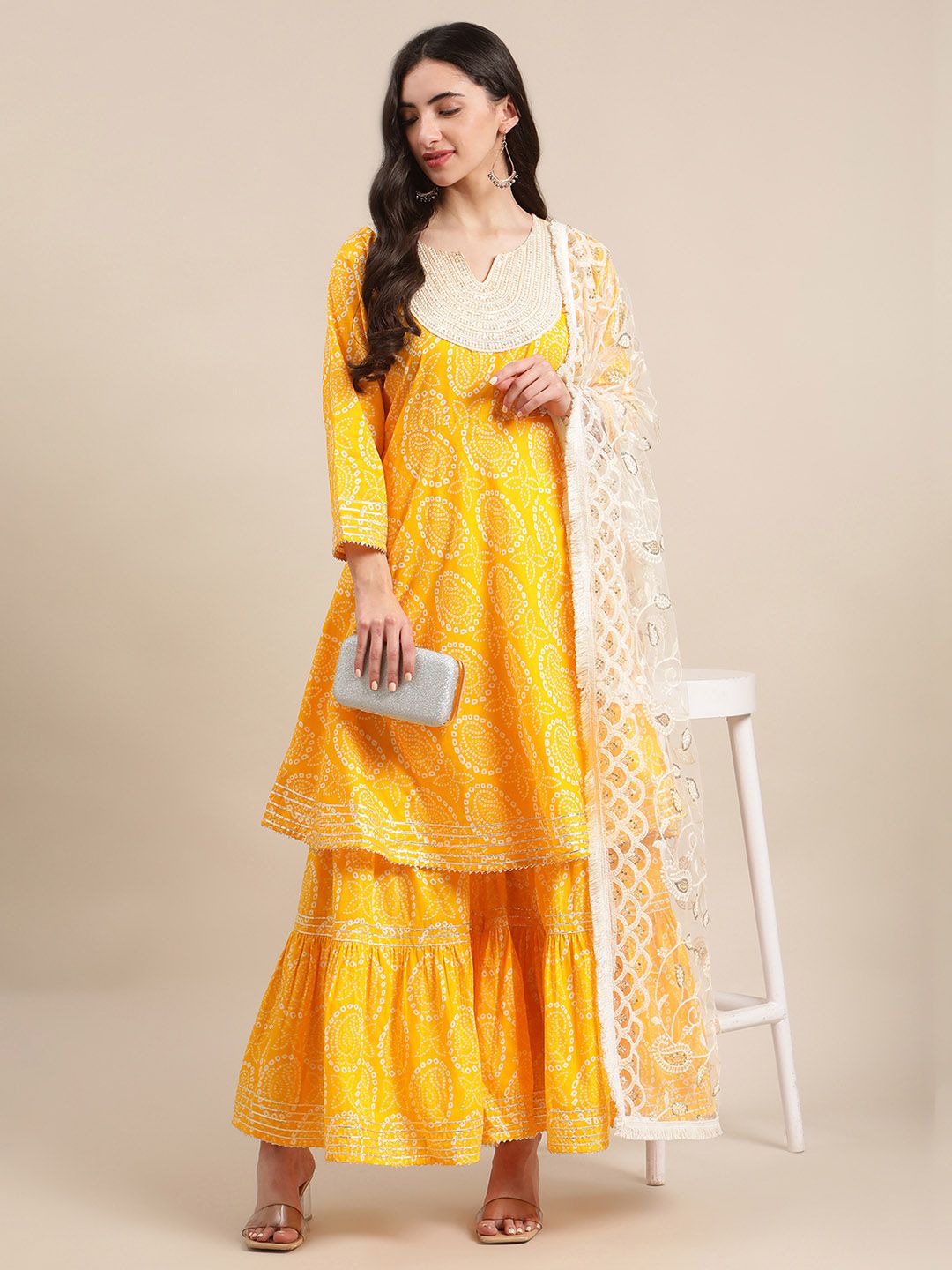 Indyancart VA Women's Mustard And White Bandhej Printed Flared Kurti With Sharara With Dupatta.