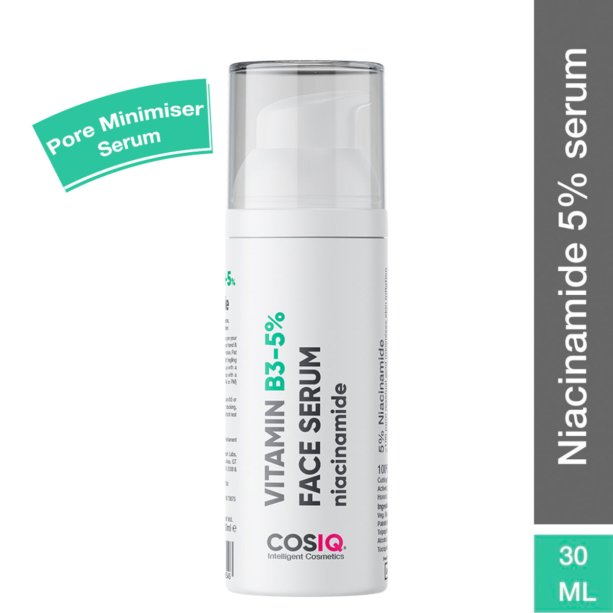 Cos-IQ Niacinamide Vitamin B3-5 Face Serum bottle showing label and dropper applicator on a neutral background.