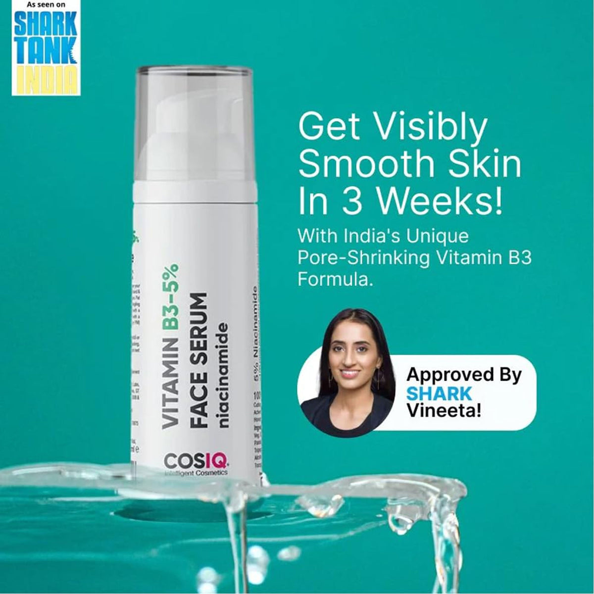 Cos-IQ Niacinamide Vitamin B3-5 Face Serum bottle with dropper, highlighting skincare product for brightening and skin health.