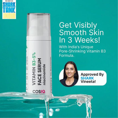 Cos-IQ Niacinamide Vitamin B3-5 Face Serum bottle with dropper, highlighting skincare product for brightening and skin health.