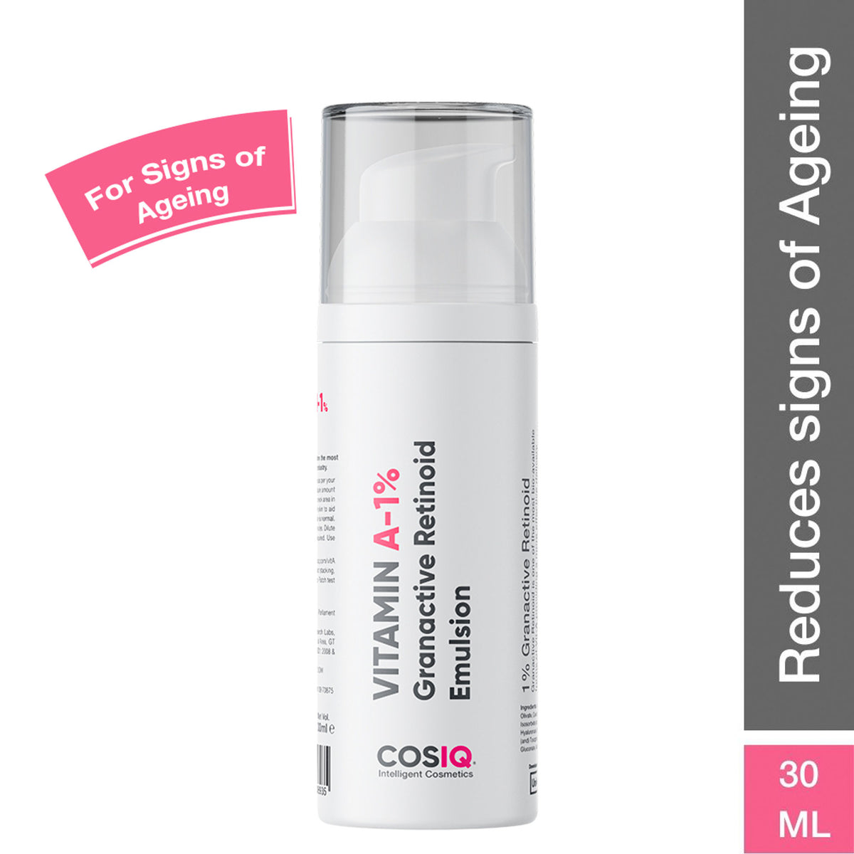 Cos-IQ Vitamin A-1% Granactive Retinoid face serum for anti-aging and acne, shown in a sleek skincare bottle.