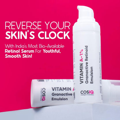 Cos-IQ Vitamin A-1% Granactive Retinoid face serum for anti-aging and acne, in a clear bottle with a pump dispenser.