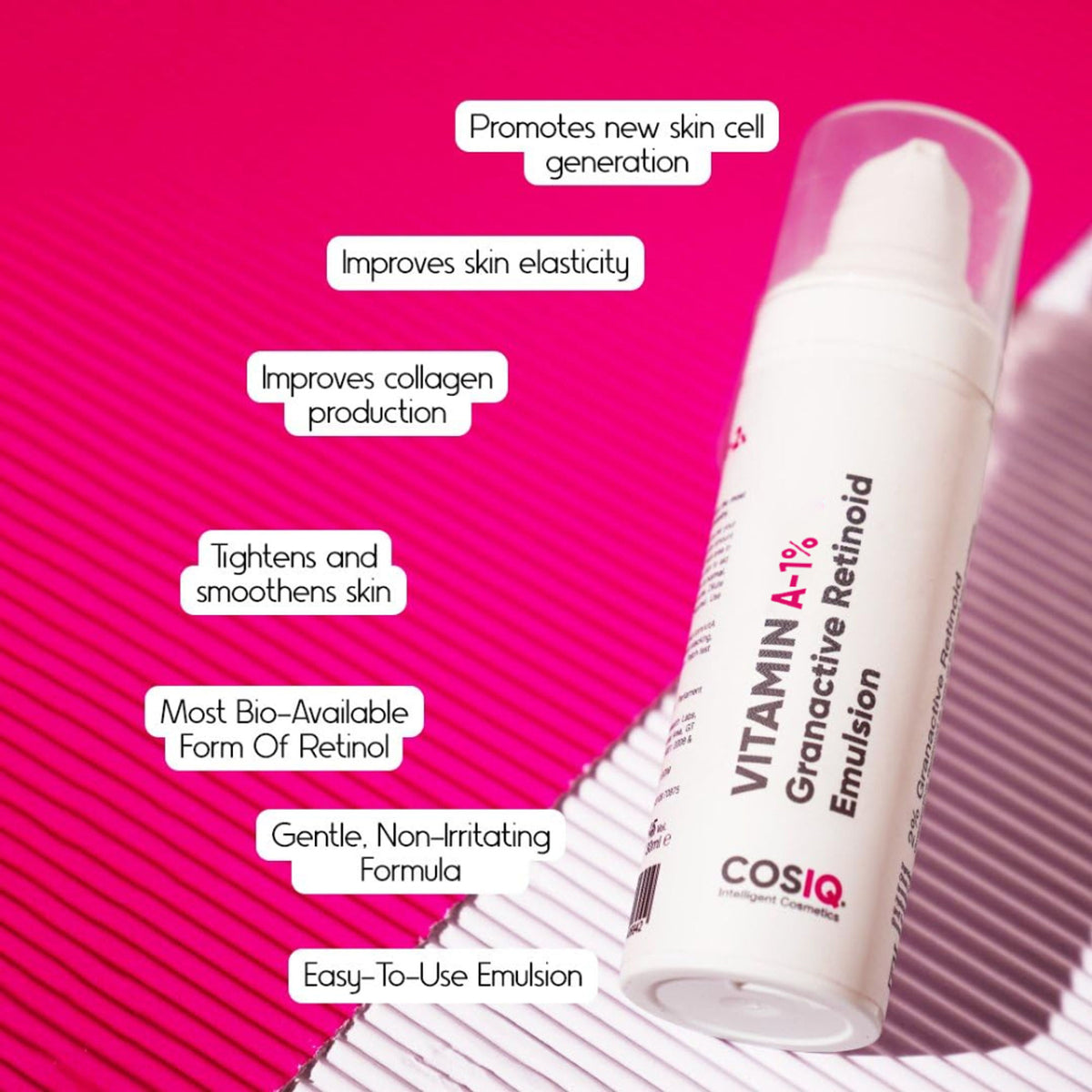 Cos-IQ Vitamin A-1% Granactive Retinoid face serum in a pump bottle, designed for anti-aging and acne treatment.