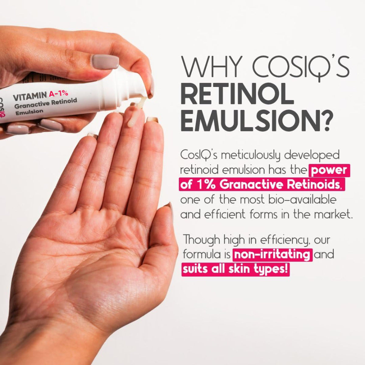 Cos-IQ Vitamin A-1% Granactive Retinoid face serum for anti-aging and acne, with a clear bottle and dropper applicator.