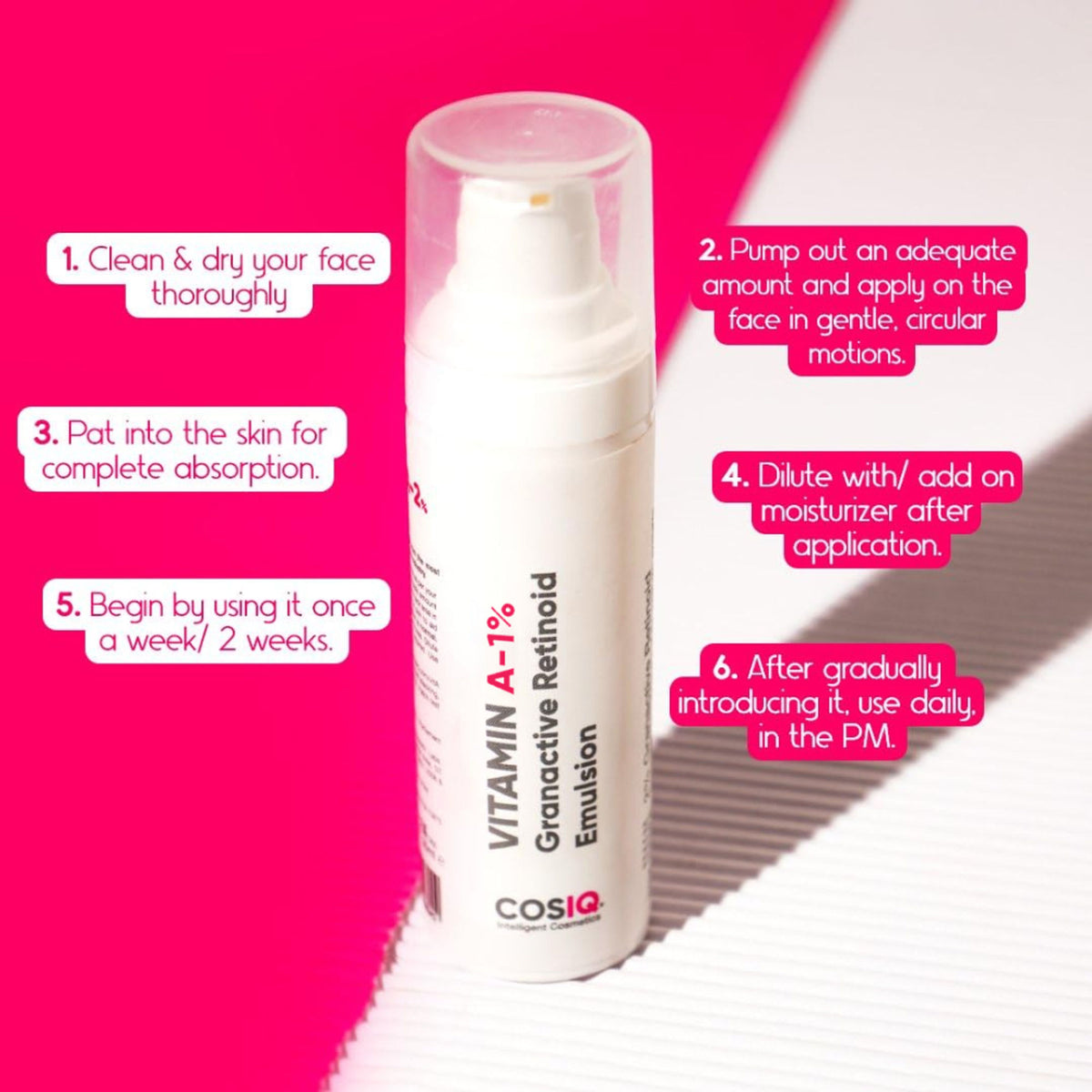 Cos-IQ Vitamin A-1% Granactive Retinoid face serum for anti-aging and acne, featuring a light, smooth emulsion texture.