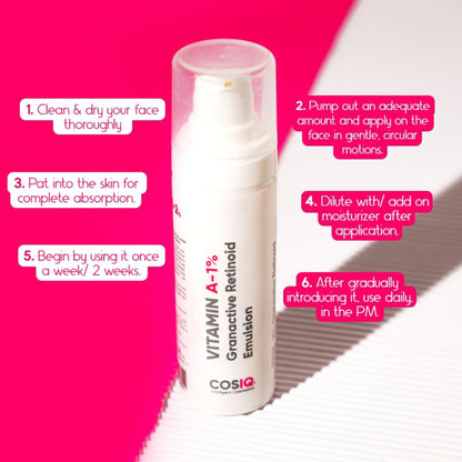 Cos-IQ Vitamin A-1% Granactive Retinoid face serum for anti-aging and acne, featuring a light, smooth emulsion texture.