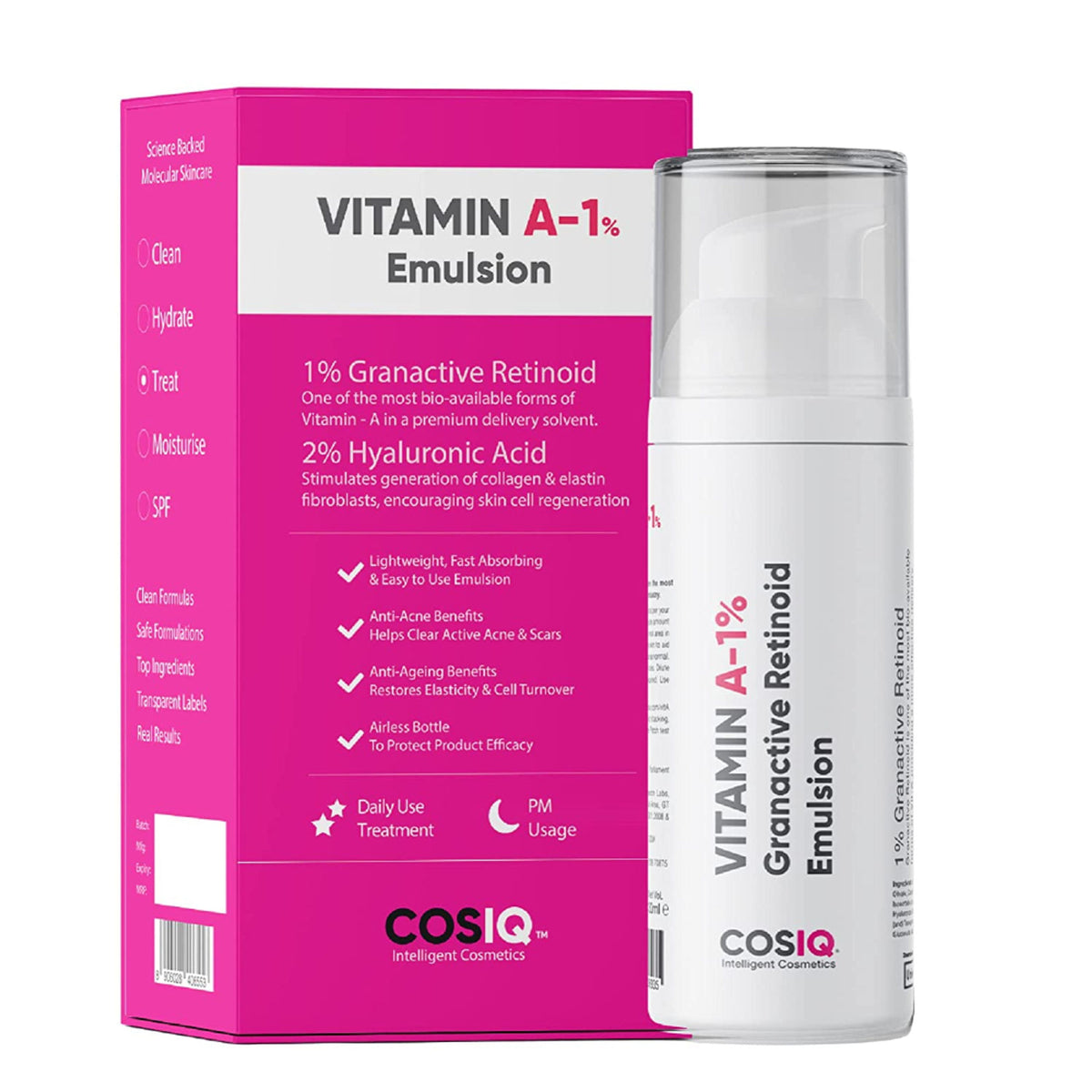 Cos-IQ Vitamin A 1% Granactive Retinoid face serum for anti-aging and acne treatment, shown in a clear bottle with dropper.