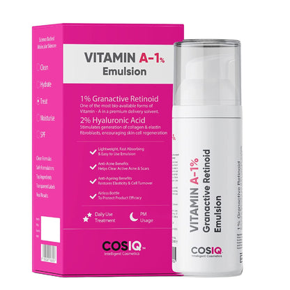 Cos-IQ Vitamin A 1% Granactive Retinoid face serum for anti-aging and acne treatment, shown in a clear bottle with dropper.
