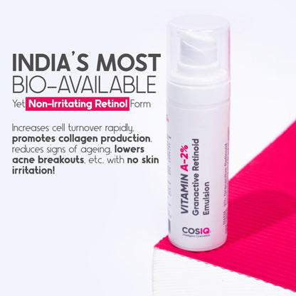 Cos-IQ Vitamin A-2% Granactive Retinoid face serum for anti-aging and acne, shown in a sleek skincare bottle.