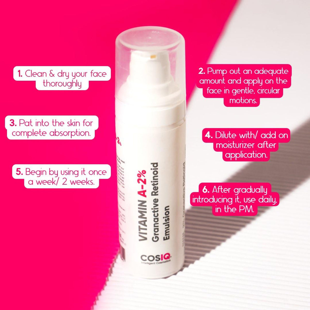 Cos-IQ Vitamin A-2% Granactive Retinoid face serum in a white bottle, designed for anti-aging and anti-acne skin care.