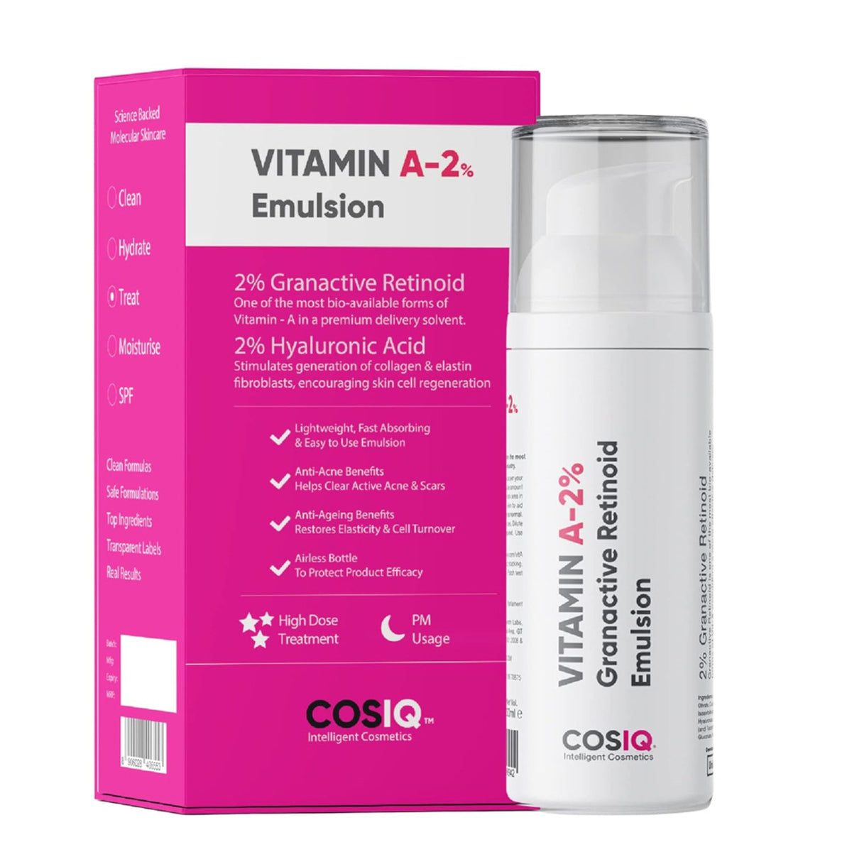 Cos-IQ Vitamin A 2% Granactive Retinoid face serum for anti-aging and acne treatment, shown in a clear bottle with dropper applicator.