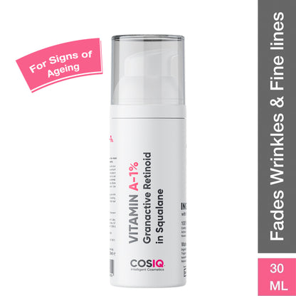 Cos-IQ Vitamin A-1% Granactive Retinoid in squalane face serum for anti-aging and acne, with a clear dropper bottle and serum inside.