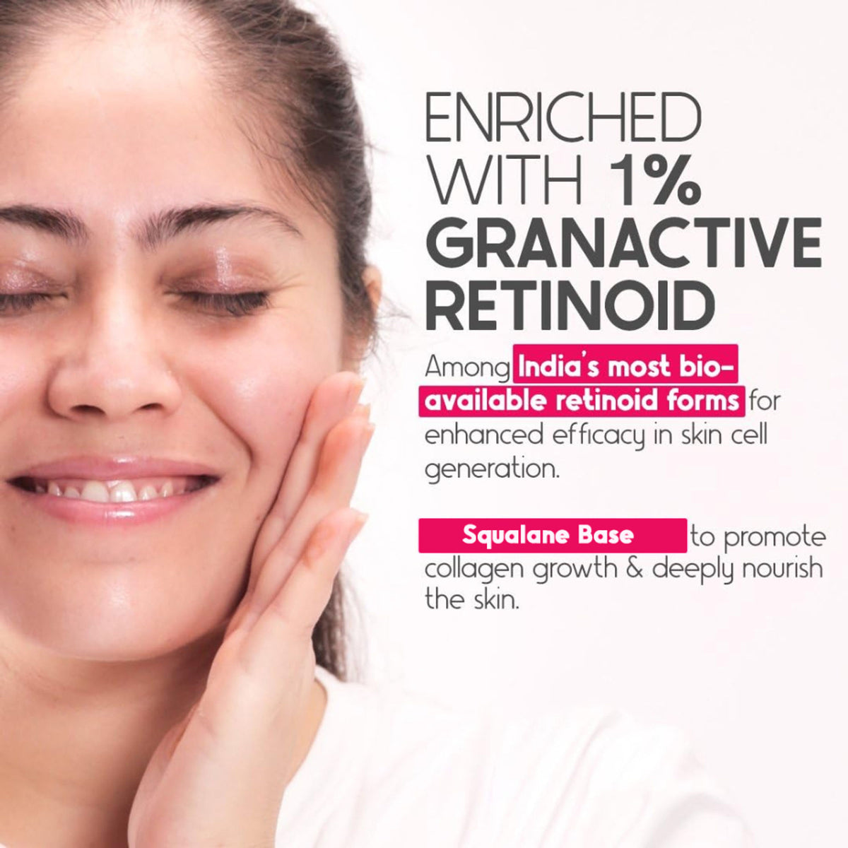 Cos-IQ Vitamin A-1% Granactive Retinoid face serum in squalane bottle, anti-aging and anti-acne skincare product.