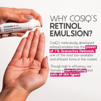 Cos-IQ Vitamin A-1% Granactive Retinoid face serum in squalane, anti-aging and anti-acne skincare product.