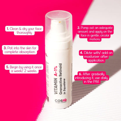 Cos-IQ Vitamin A-1% Granactive Retinoid face serum in squalane, designed for anti-aging and acne treatment, shown in the image.
