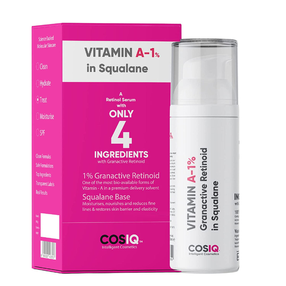 Cos-IQ Vitamin A-1% Retinoid face serum in squalane, anti-aging and acne treatment, with a dropper applicator and clear bottle.