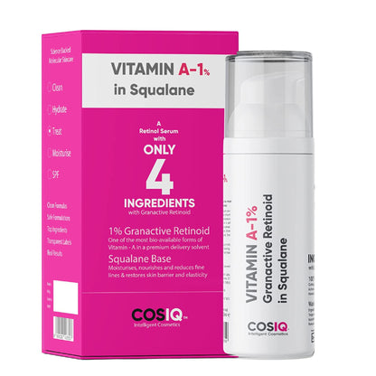 Cos-IQ Vitamin A-1% Retinoid face serum in squalane, anti-aging and acne treatment, with a dropper applicator and clear bottle.