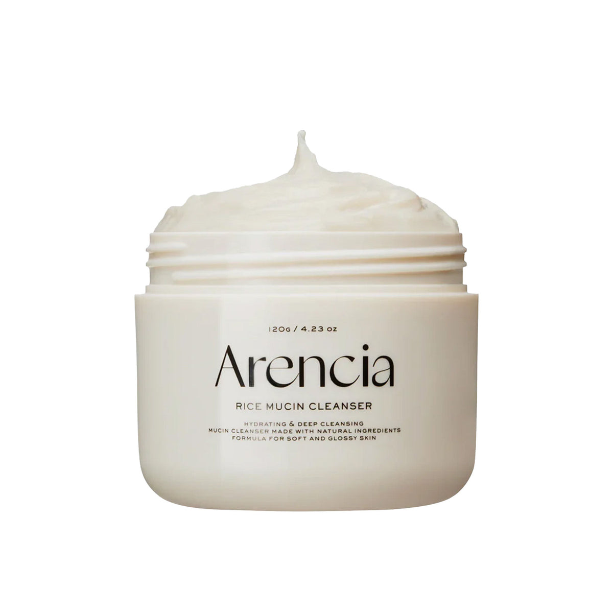 Arencia Rice Mucin Cleanser bottle with white pump, featuring clean, minimalist packaging and clear label details.