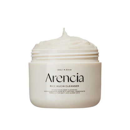 Arencia Rice Mucin Cleanser bottle with white pump, featuring clean, minimalist packaging and clear label details.