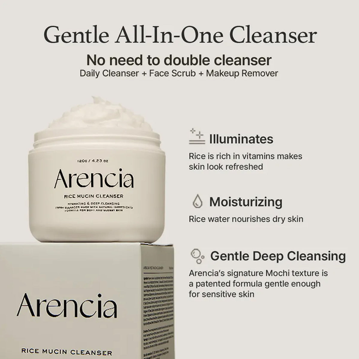 Arencia Rice Mucin Cleanser in a clear bottle with a pump dispenser, showing the product label and packaging.