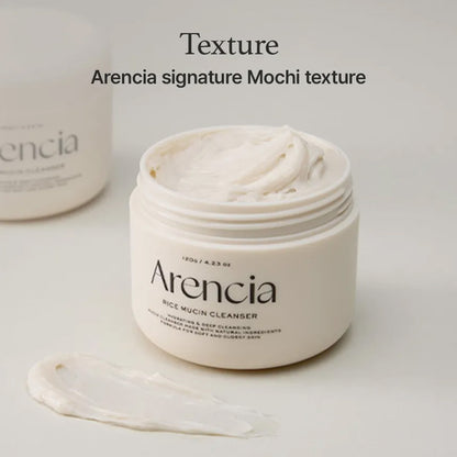 Arencia Rice Mucin Cleanser bottle with white cap and label, shown on a clean background.