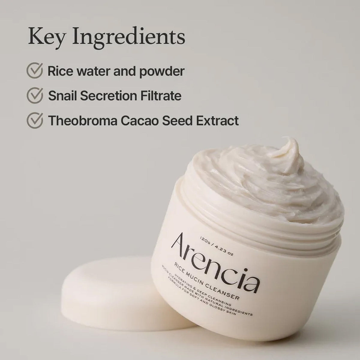 Arencia Rice Mucin Cleanser bottle with white label and pump, suitable for gentle facial cleansing.