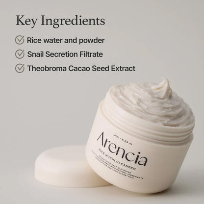 Arencia Rice Mucin Cleanser bottle with white label and pump, suitable for gentle facial cleansing.